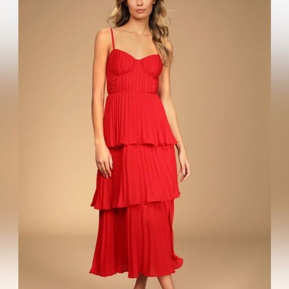 Lulus Cascading Crush Red Tiered Bustier Midi Dress Small Red NWT in packaging - Picture 1 of 5